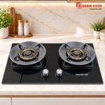 Alibaba 2 Burner Gas Stove Model 628B5 with Glossy Black Glass Top and Gold-Tone Burner Accents