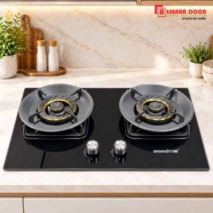 Alibaba 2 Burner Gas Stove Model 628B5 with Glossy Black Glass Top and Gold-Tone Burner Accents