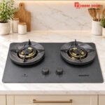 Alibaba 2 Burner Gas Stove Model 882B2 with Matte Black Cooktop and Gold-Tone Burner Accents