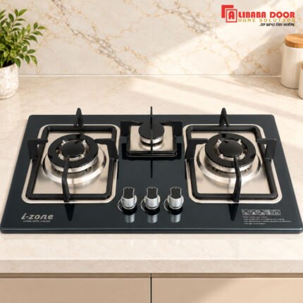Alibaba I-Zone 3 Burner Gas Stove with Glossy Black Glass Top and Stainless Steel Burner Trays