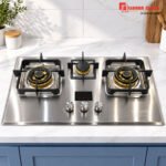 Alibaba 3 Burner Gas Stove Model 7802 with Stainless Steel Cooktop and Gold-Tone Accents
