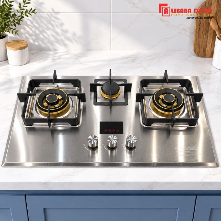 Alibaba 3 Burner Gas Stove Model 7802 with Stainless Steel Cooktop and Gold-Tone Accents
