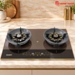Alibaba 2 Burner Gas Stove Model 5252Y with Glossy Black Glass Top and Gold Burner Accents