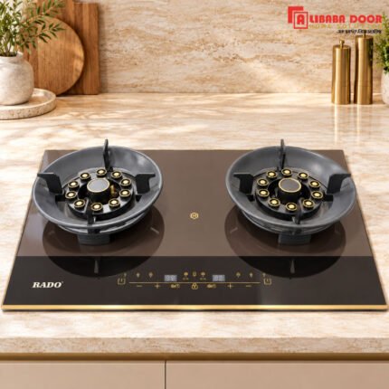Alibaba 2 Burner Gas Stove Model 5252Y with Glossy Black Glass Top and Gold Burner Accents