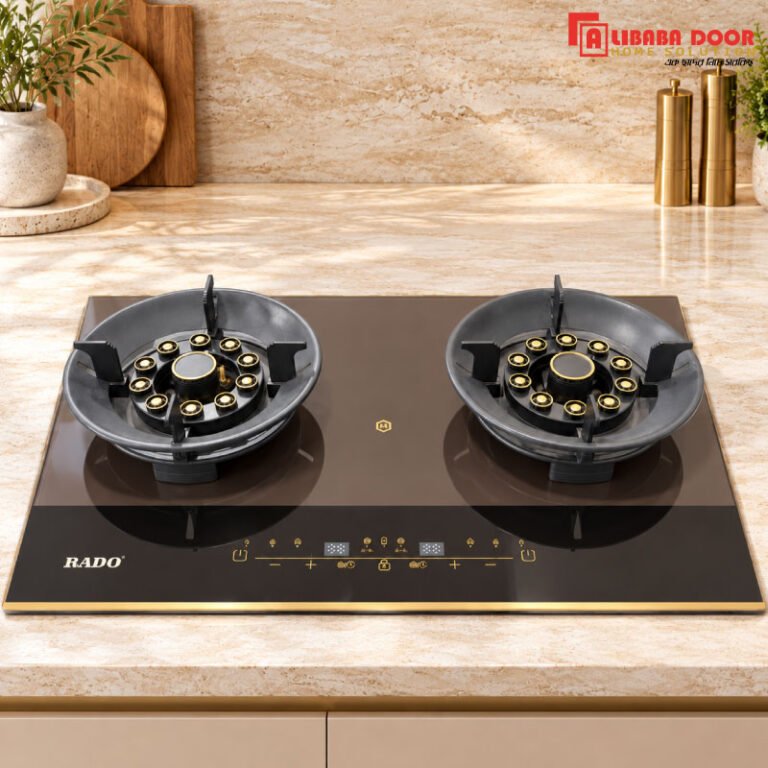 Alibaba 2 Burner Gas Stove Model 5252Y with Glossy Black Glass Top and Gold Burner Accents