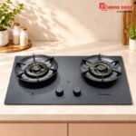 Alibaba 2 Burner Gas Stove Model 668C1 with Matte Black Top and Gold Burner Accents