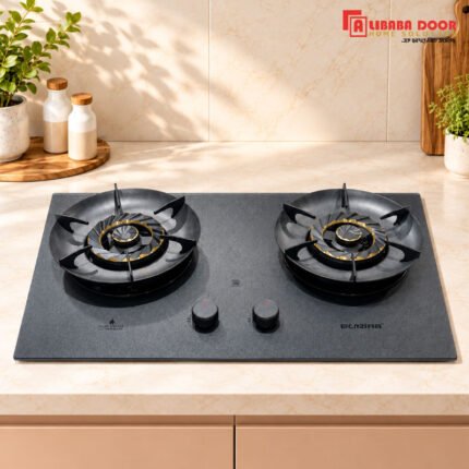 Alibaba 2 Burner Gas Stove Model 668C1 with Matte Black Top and Gold Burner Accents