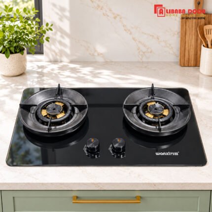 Alibaba 2 Burner Gas Stove Model 882B1 with Glossy Black Glass Top and Gold Accents