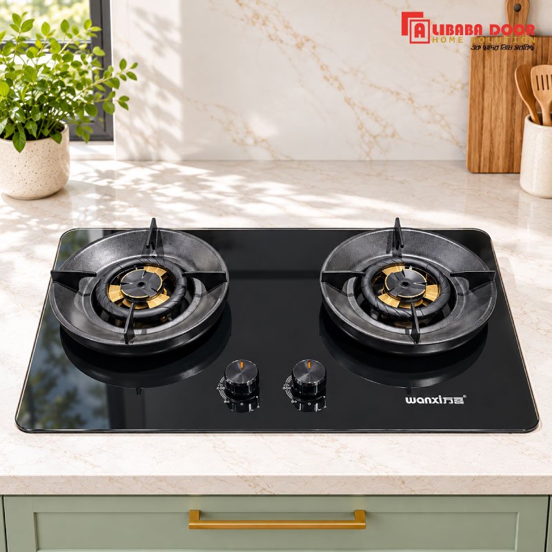 Alibaba 2 Burner Gas Stove Model 882B1 with Glossy Black Glass Top and Gold Accents